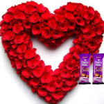 100 Red Roses in heart shape flower arrangement + 2 sillk