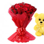 50 Red Roses bunch with Red paper packing with 6 inch teddy