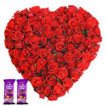 50 Red Roses in heart shape flower arrangement + 2 sillk