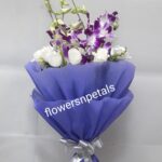 10 white Roses & 4 Purple Orchid with Purple Paper Packing