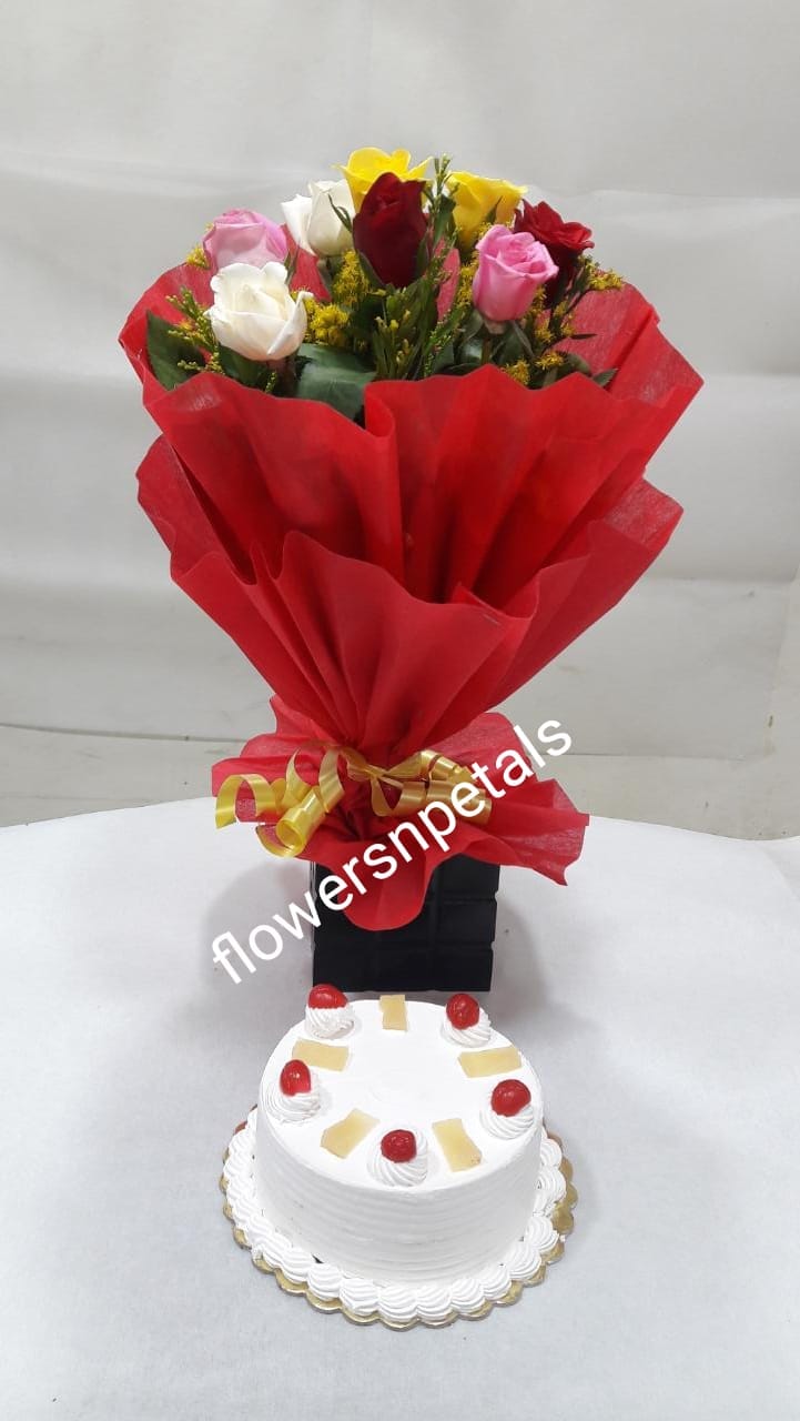 10 Mix Roses Bunch With Red Paper Packing + 1/2 Kg. Pineapple cake