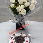 10 White Roses Bunch + 1/2 Kg. black Floest cake