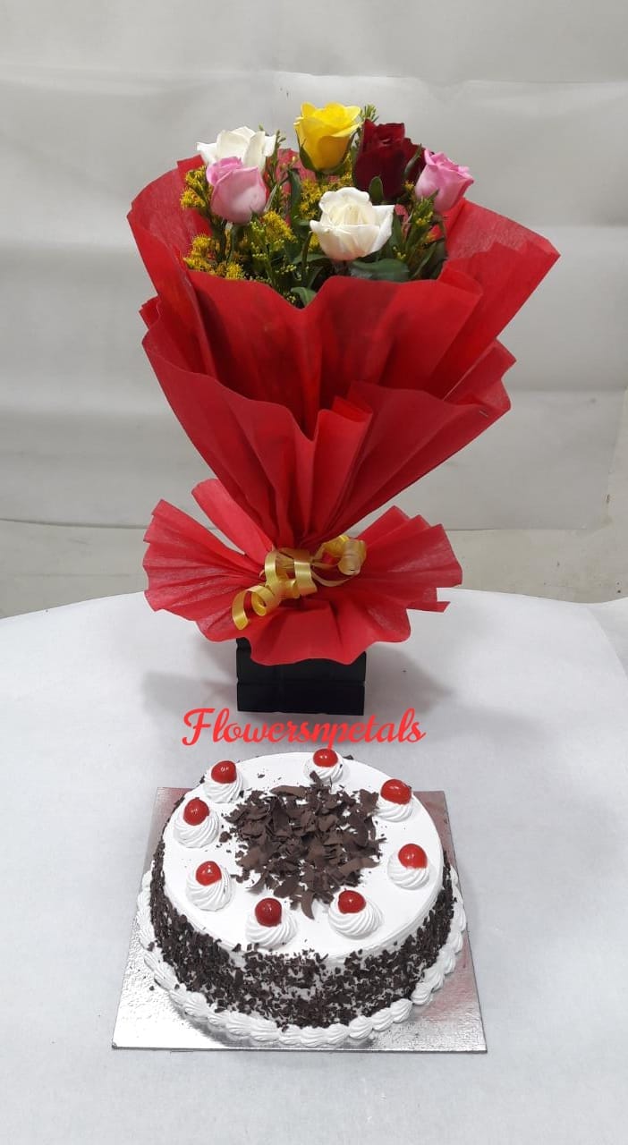 10 Mix Roses Bunch With Red Paper Packing + 1/2 Kg. black Floest cake