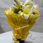 3 white Oriental lily 15 yellow Roses Bunch With Yellow Paper Packing