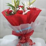 3 Pink Oriental lily Hand Bunch With Red & White Paper Packing