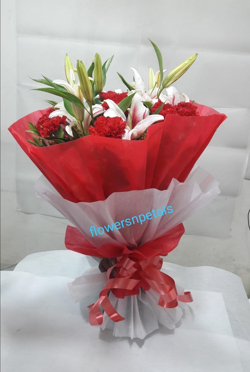 3 Pink Oriental lily Hand Bunch With Red & White Paper Packing