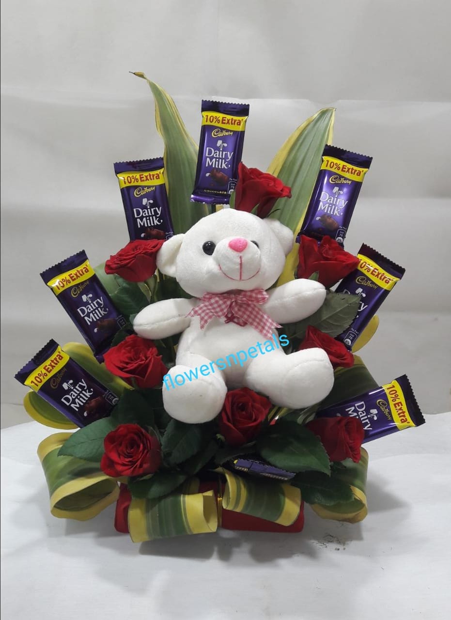 8 red roses + 8 Dairy Milk with 6" Teddy In one sided Arrangement