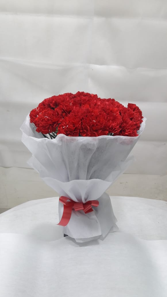 20 red Carnation Bunch with white Paper Packing