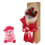6 Red Roses bunch with Red paper packing with 6 inch teddy