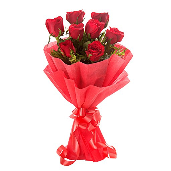 8 Red Roses Bunch with Red Paper Packing