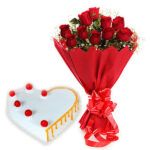10 red Roses Bunch Red paper packing with 1/2 kg. Heart Shape Vanilla cake