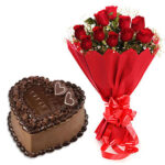 10 red Roses Bunch with Red paper packing  + 1/2 kg. Heart Shape Chocolate cake