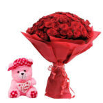 100 Red Roses bunch with Red paper packing with 6 inch teddy