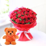 25 Red Roses bunch with Red paper packing with 6 inch teddy