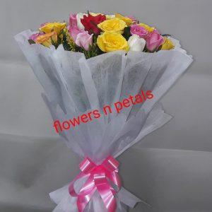 24 Multicolor Roses Hand Bunch With  White Paper Packing